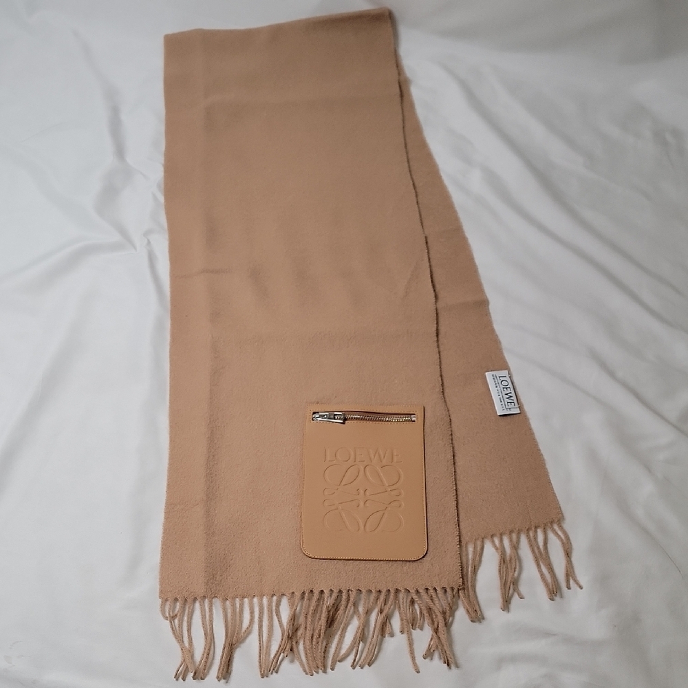 Loewe Camel Scarf with Embossed Leather Pocket